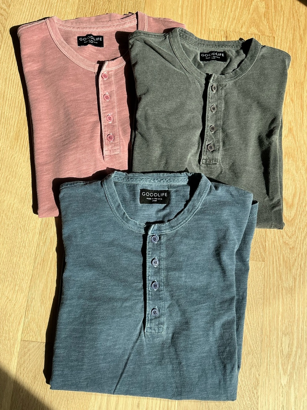 Goodlife Sunfaded 100% Cotton Short Sleeve Henley Shirts Bundle of 3 Men’s Small